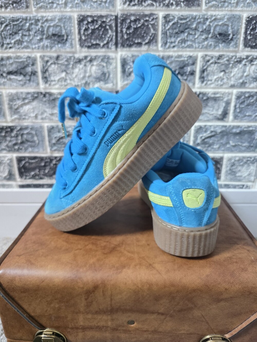 Puma Women's Fenty Blue Suede Platform Sneakers with Lime Accent Size 8
